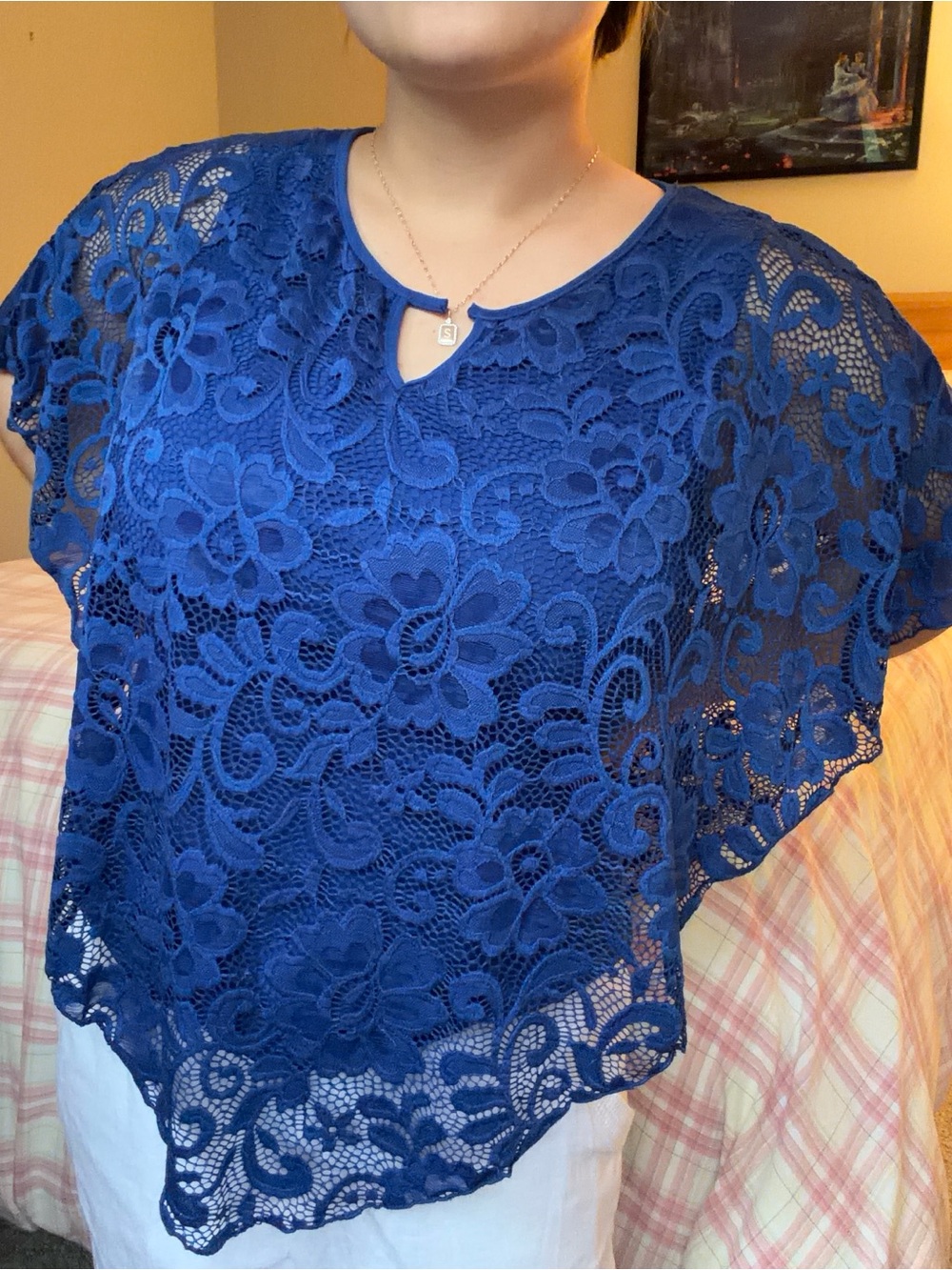 Blue Tank Top with Attached Lace Shawl